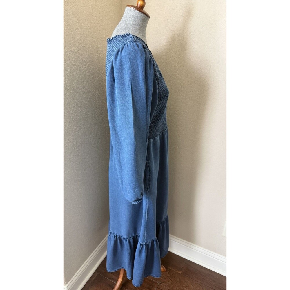 Old Navy Women's Dark Wash Blue V-Neck Smocked Bodice Long Sleeve Midi Dress - Picture 3 of 10